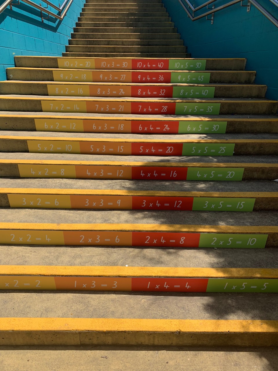 two to five times tables on the stairs