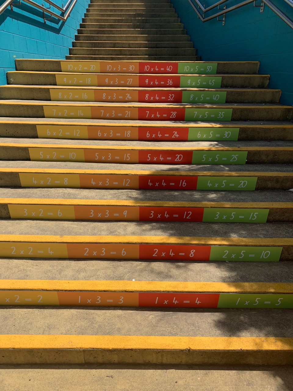 two to five times tables on the stairs